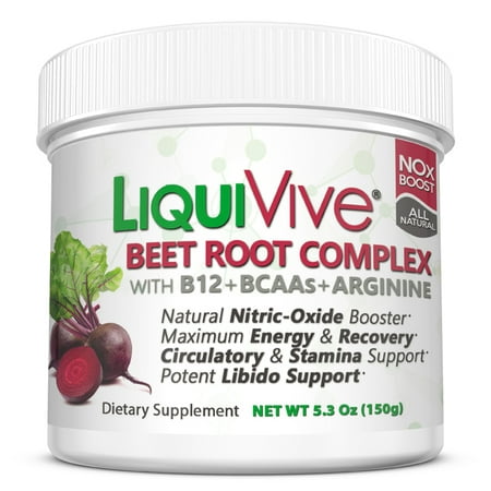 LiquiVive Beet Root Juice Powder - Nitric Oxide Booster Supplement | Super Charged with BCAA Amino Acids, Vitamin B12 & L-Arginine | Non-GMO N.O. Amino Energy Drink Mix for Endurance &