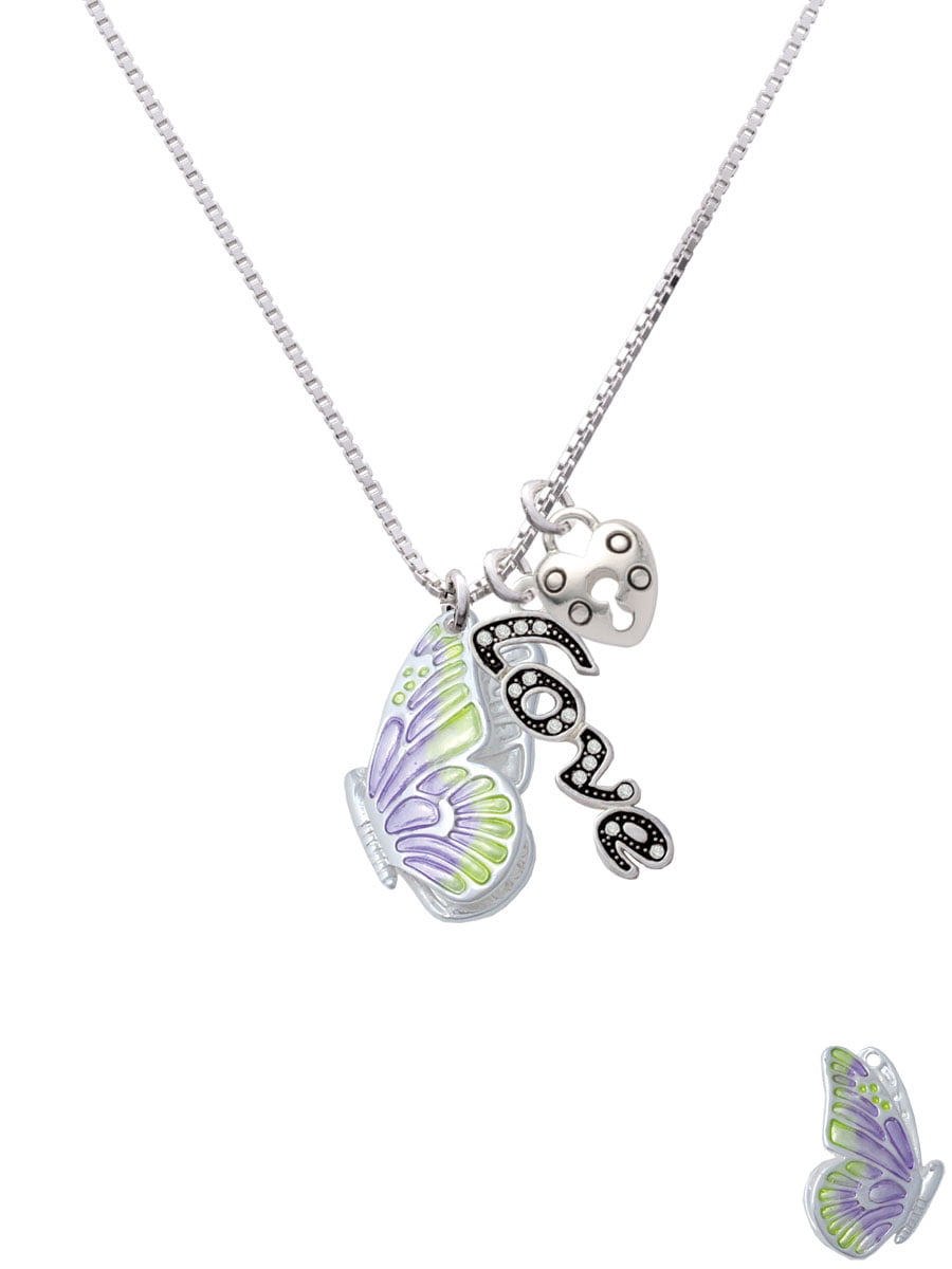 Translucent Purple & Lime Green Flying Butterfly Custom Year Stainless Steel Heart Bead Charm 