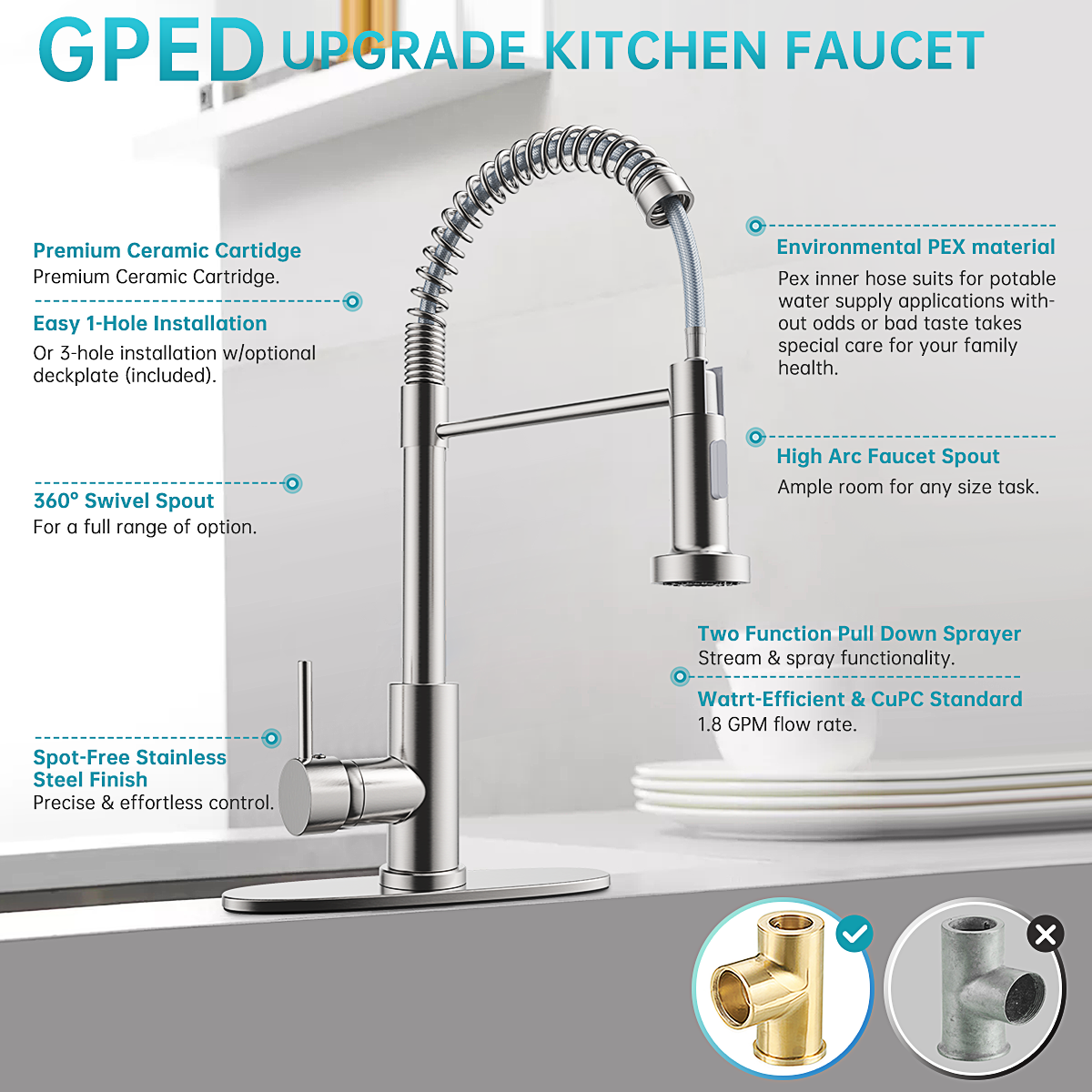 GPED Stainless Steel Kitchen Faucet with Pull-Down Sprayer photo 4