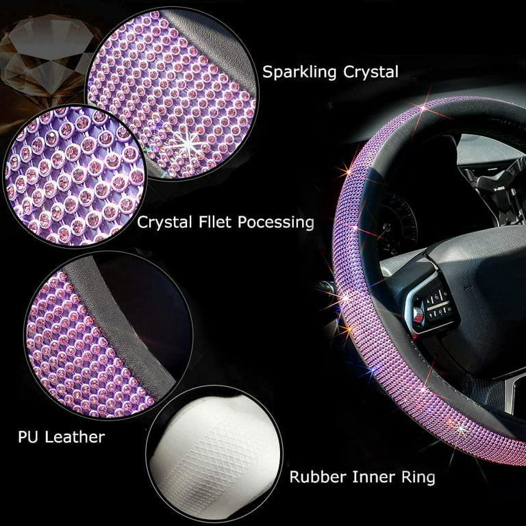 New Diamond Leather Steering Wheel Cover with Bling Bling Rhinestones, Universal Fit 15 inch Car Wheel Protector for Women Girls Purple Diamond, Size