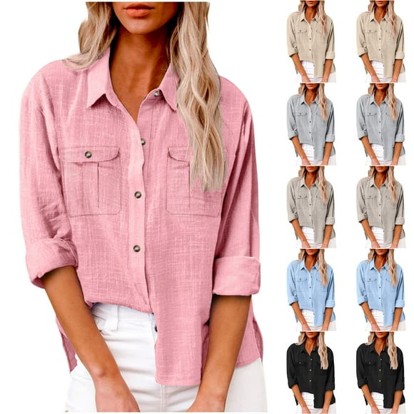 FAVIPT Cotton Button Down Blouse for Women Collared Roll Up Long Sleeve Dressy Shirts Summer Work Casual Top with Pockets Light Blue,M