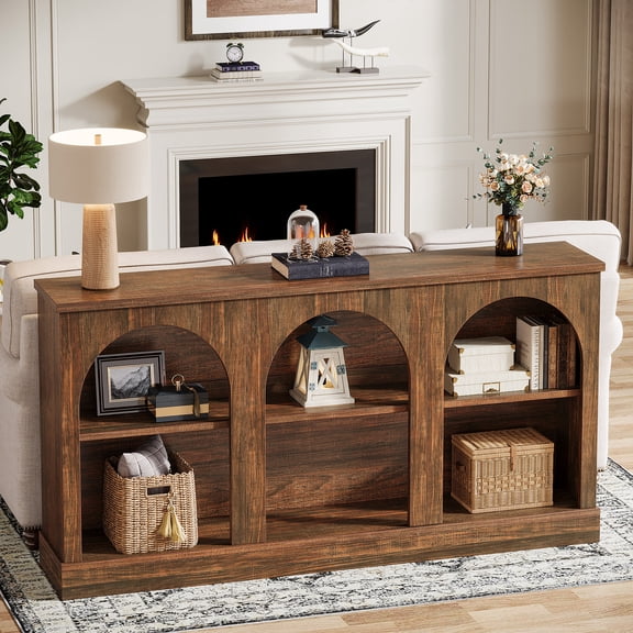 Finmind Farmhouse 3 Tier Console Table, 63-Inch Long Entryway Table with Storage, Wooden Rectangular Sofa Table Behind The Couch for Living Room, Dark Brown