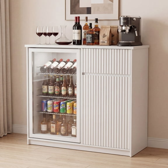 Mini Fridge Cabinet with Power Outlet,38.2"W Coffee Bar Cabinet with Fridge Space, Modern Wine Bar Cabinet with Storage & Wine Rack, Buffet Sideboard for Home Kitchen Dining Room,White