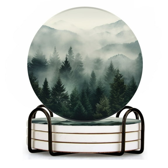 Drink Coasters Set of 4 with Holder Forest of evergreen trees against the backdrop of mist-covered mountains Water Absorbent Ceramic Coasters Tabletop Protection,Suitable for Various Cup ,Home Decor