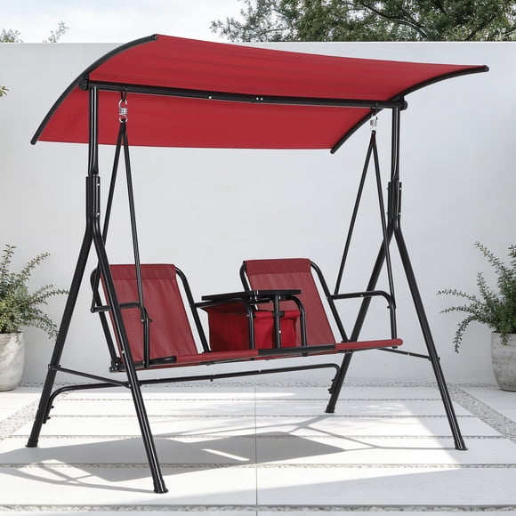 Columpio de Jardín para 2 Personas con Toldo Ajustable – Mesa Giratoria, Soportes para Vasos y Bolsa Nevera, Silla Mecedora de Acero Resistente, Perfecto para Patio, Balcón o Piscina, Color Rojo