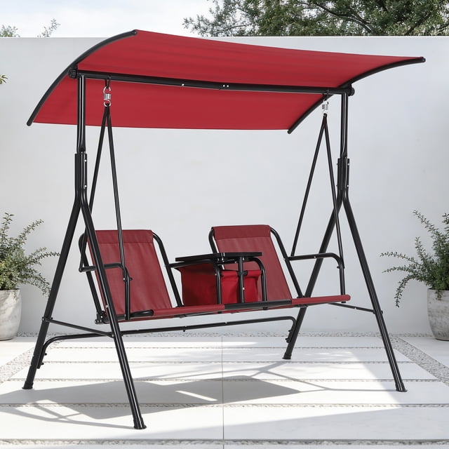 Columpio de jardín para 2 personas - Estructura de acero robusta - Toldo ajustable - Portavasos, mesa giratoria y bolsa térmica - Perfecto para patio, balcón o piscina - Color rojo
