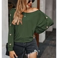 thumbnail image 3 of Camiseta de manga larga de color puro para mujer, blusa holgada informal con estilo y cuello redondo, blusa decorativa con botones para el trabajo diario OD verde L, 3 of 6