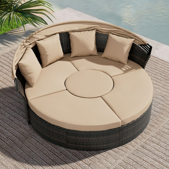 SUNCROWN Outdoor Rattan Round Retractable Canopy Daybed Patio Sofa Furniture Brown Clamshell Sectional Seating with Washable Cushions