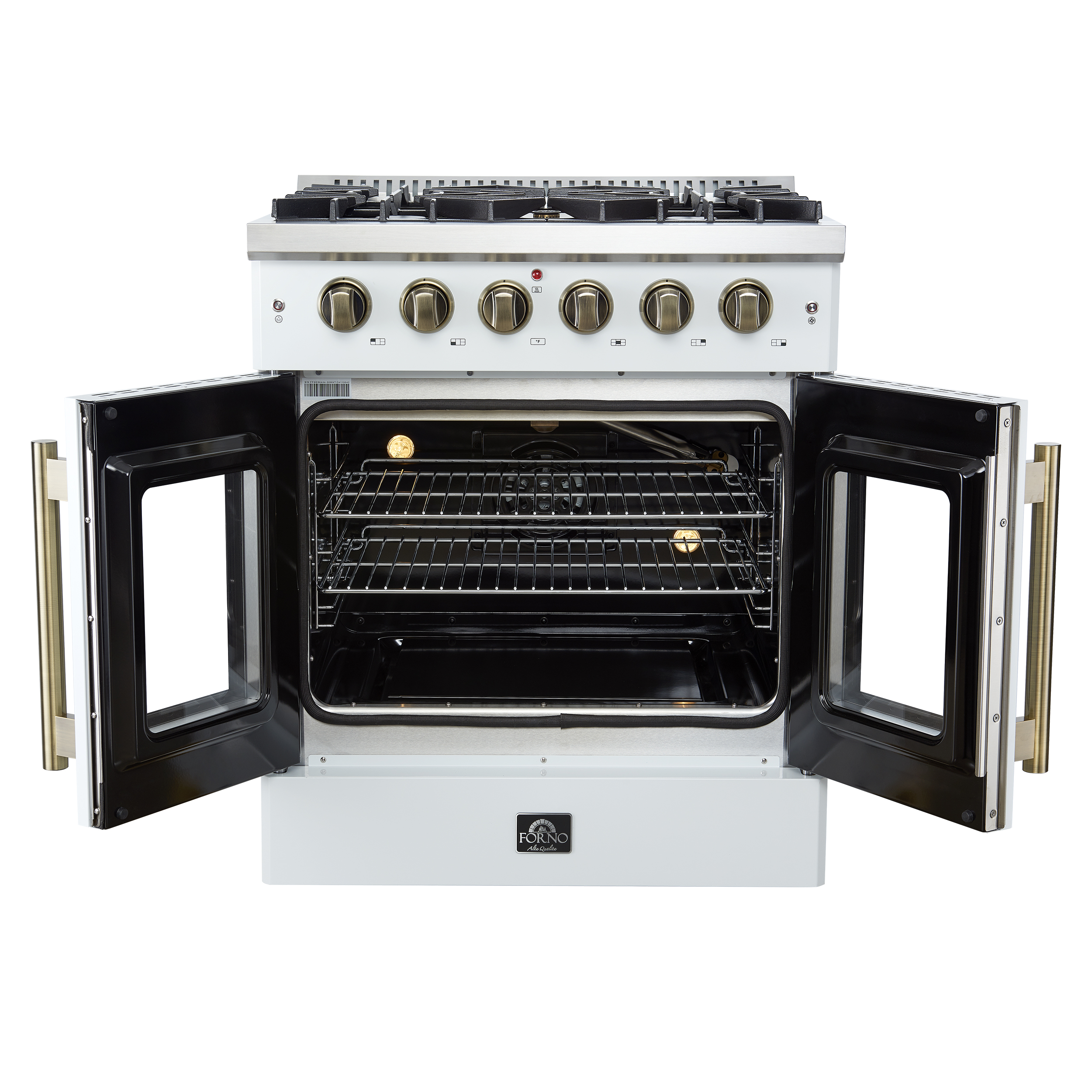 Forno Galiano 30-inch French Door Gas Range White with Antique Brass Design, 5 Burners, 68,000 BTU, 4.32 cu.ft. Convection Oven