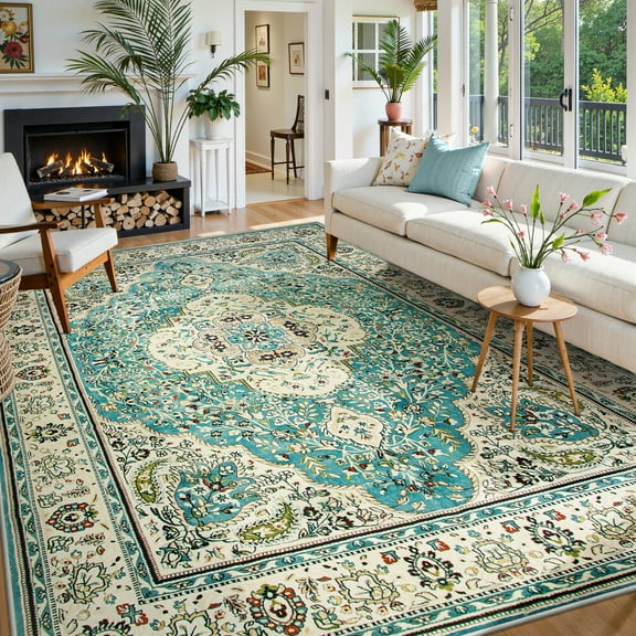 Lahome Decor 8'x10'Oriental Floral Medallion Area Rug for Living Room,Non Slip Machine Washable Vintage Indoor Rug,Vintage Printed Rug,Low Pile Lightweight Vintage Rug for Bedroom Dining Room Office
