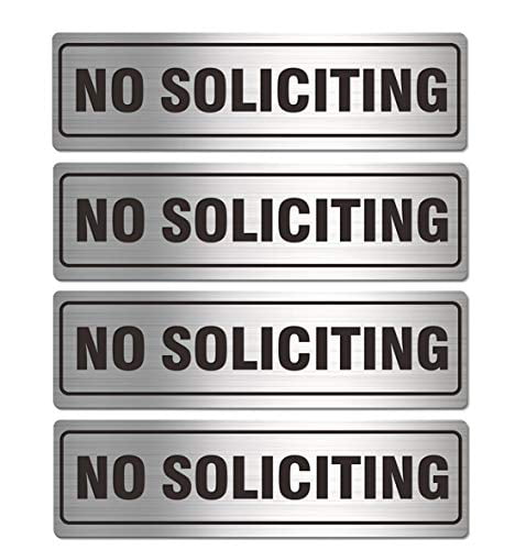 No Soliciting Sign for House Door Set of 4, Black 7x2 inches Self-Adhesive Metal Signs for Home Office Business Wall Weather Resistant Aluminum Signboard 