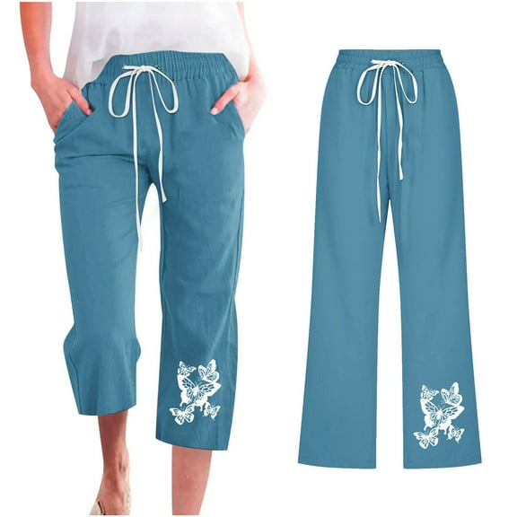 Cotton Linen Pants for Women Summer Lightweight Casual Loose Trousers Women's Palazzo Pants Plus Size Straight Leg Capris for Beach, Blue&L