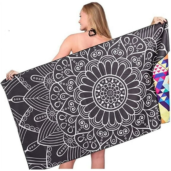 Microfiber Sand Free Beach Towel - 63" x 32" Oversized Quick Dry Travel Towels Super Absorbent Sandless Lightweight , Outdoor Extra Large Big Swim Towel for Adults Women Men - Black Mandala