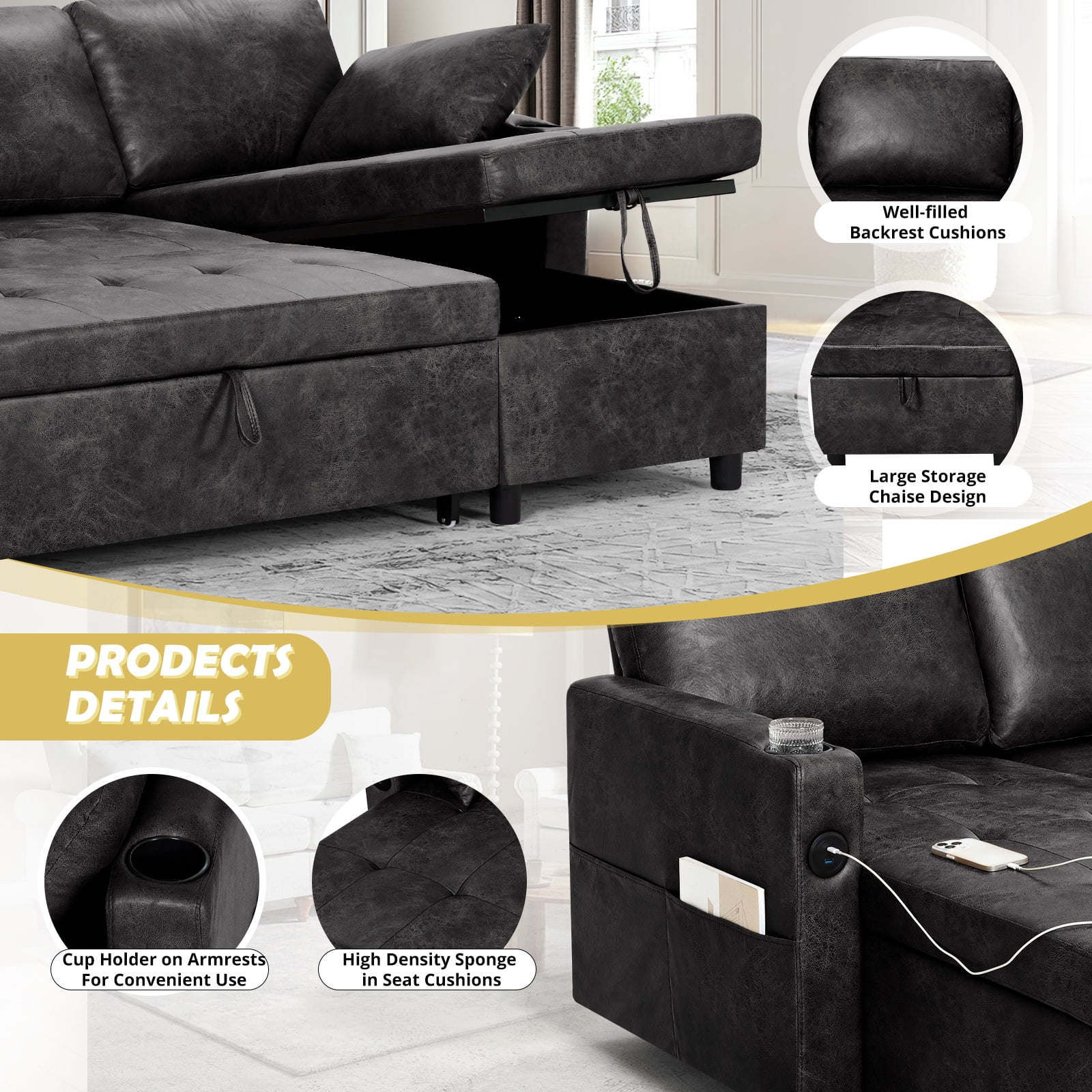 ACMEASE 84" Suede Leather Sectional  Sofa w/Adjustable Backrests, Pull Out Sofa Bed w/USB Charger Port& Reversible Storage Chaise,Convertible L-Shaped Sofa with Cup Holders for Living Room, Black