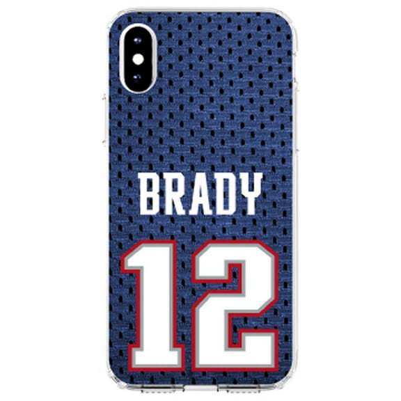 DistinctInk Clear Shockproof Hybrid Case for iPhone XR (6.1" Screen) - TPU Bumper, Acrylic Back, Tempered Glass Screen Protector - Brady 12 Jersey - Football Team