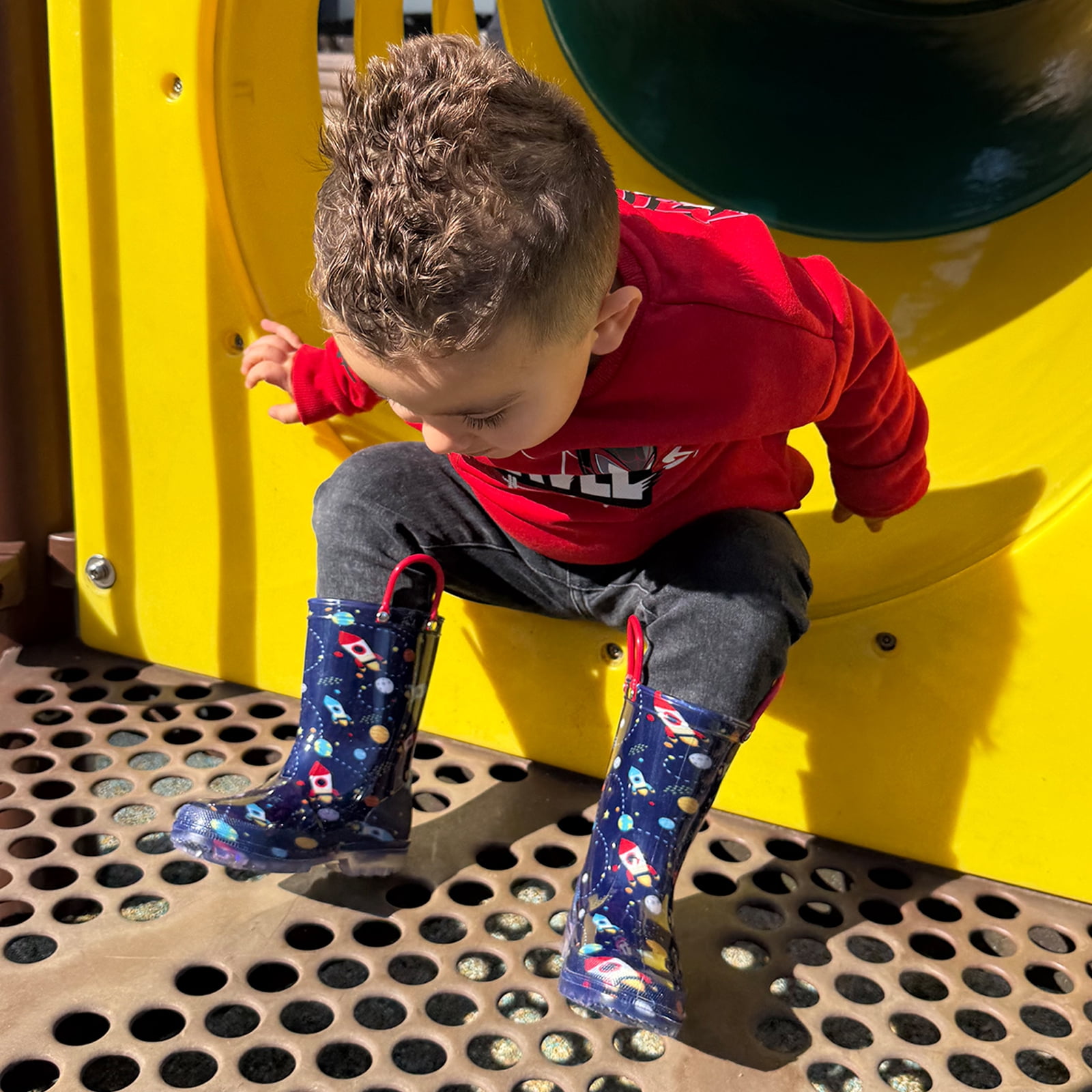 FUNCOO PLUS Toddler Kids Rain Boots Boys Light Up Waterproof Boots with Handles, Navy Space, Toddler Size 7