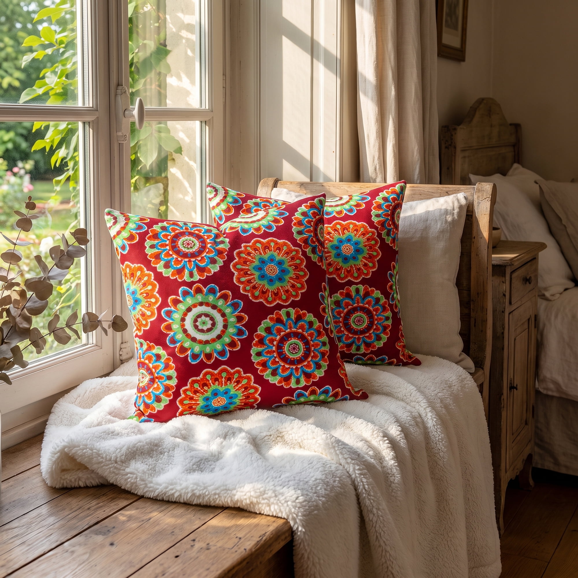Unique Bargains Set of 2 Botanical Floral Printed Throw Pillow Covers Red 18"x18"