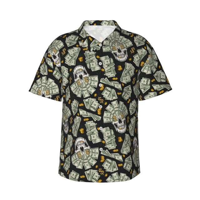 Fotbe Skull with Dollar Camisa Hawaiana para Hombre Unisex – Camisa Casual de Verano con Botones de Manga Corta de Algodón y Lino,XX-Large