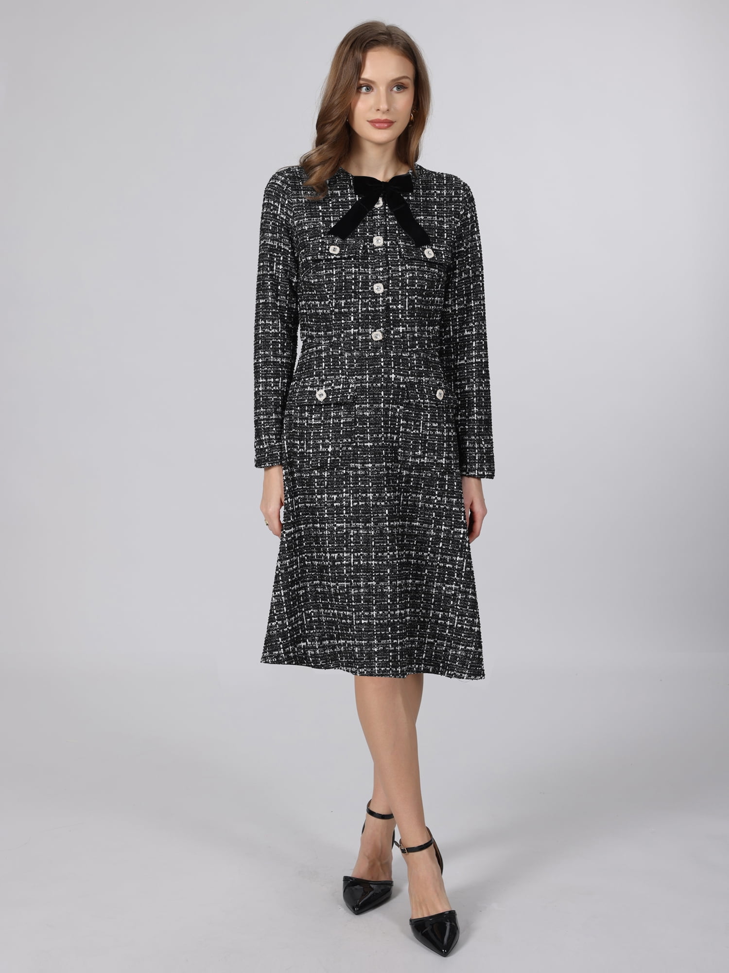 DARING DIVA Women's Tweed Long Sleeves Crew Neck A-Line Design Dress 2XL Black