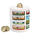 thumbnail image 2 of 90s Piggy Bank, Composition of Retro Plastic Audio Cassettes Tapes Old Technology Entertainment Theme, Ceramic Coin Bank Money Box for Cash Saving, 3.6" X 3.2", Green Blue, by Ambesonne, 2 of 4