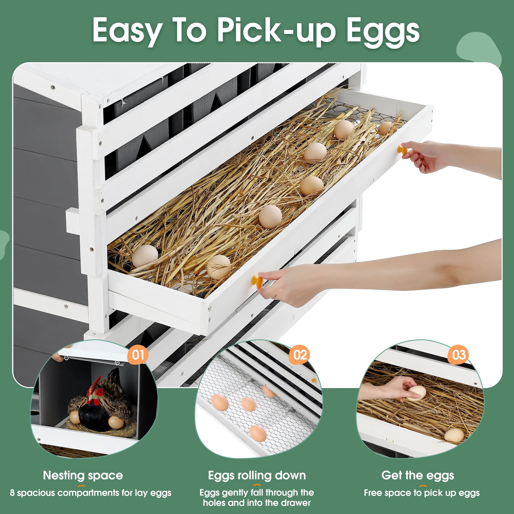 Pefilos 47" Wood 8 Compartments Egg Laying Boxes for Hens, Chicken Nesting Box for Laying Eggs with 2 Roll Out Egg Collection Drawers, Gray Pefilos 47" Wood 8 Compartments Egg Laying Boxes for Hens, Chicken Nesting Box for Laying Eggs with 2 Roll Out Egg Collection Drawers, Gray