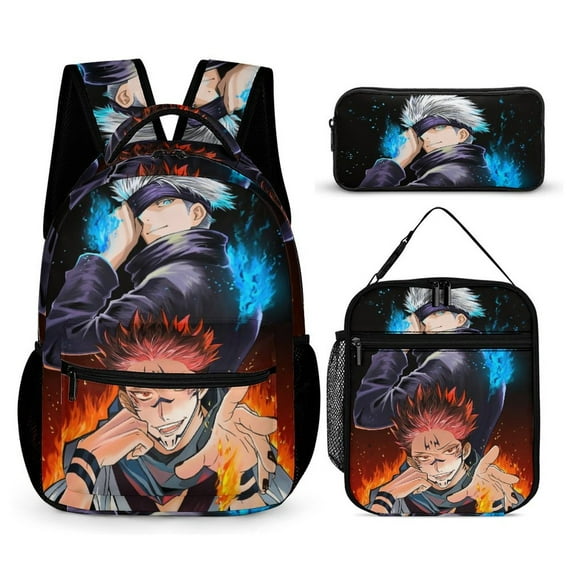 Jujutsu Backpack Kaisen JJK 17 Inch 3 Piece Set with Insulated Lunch Bag and Pencil Case, Bookbag Laptop Backpack Cartoon Durable Lightweight Casual Backpack