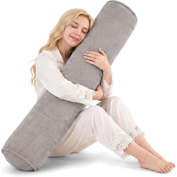 Nalqet Corduroy Long Body Pillow for Adults, Round Bolster Pillow with Shredded Memory Foam, Firm Support for Side Sleepers, Removable & Washable Cover (Grey,47 x 8 inches)