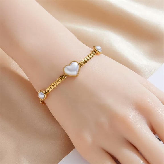 GKNET Womens 18K Gold Plated Stainless Steel Heart Pearl Bracelet Bangle Delicate Jewelry B1274