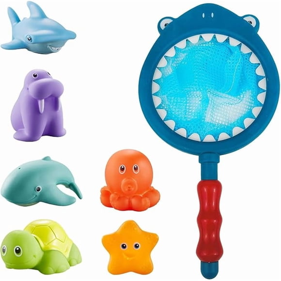 Baby bath water toy - Bath Toy , Fishing Floating Animals Squirts Toys Games Playing Set with Fishing net , Fish Net Game in Bathtub Bathroom Pool for Babies Toddlers and Kids (Blue)