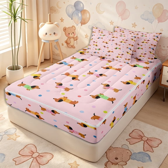 Erosebridal Color Stripe Sausage Dog Zipper Twin Comforter Sets with Fitted Sheet and 2 Pillowcases,Playful Dot Zipper Bedding Set,Blush Pink,4-Piece,Pink Reversible