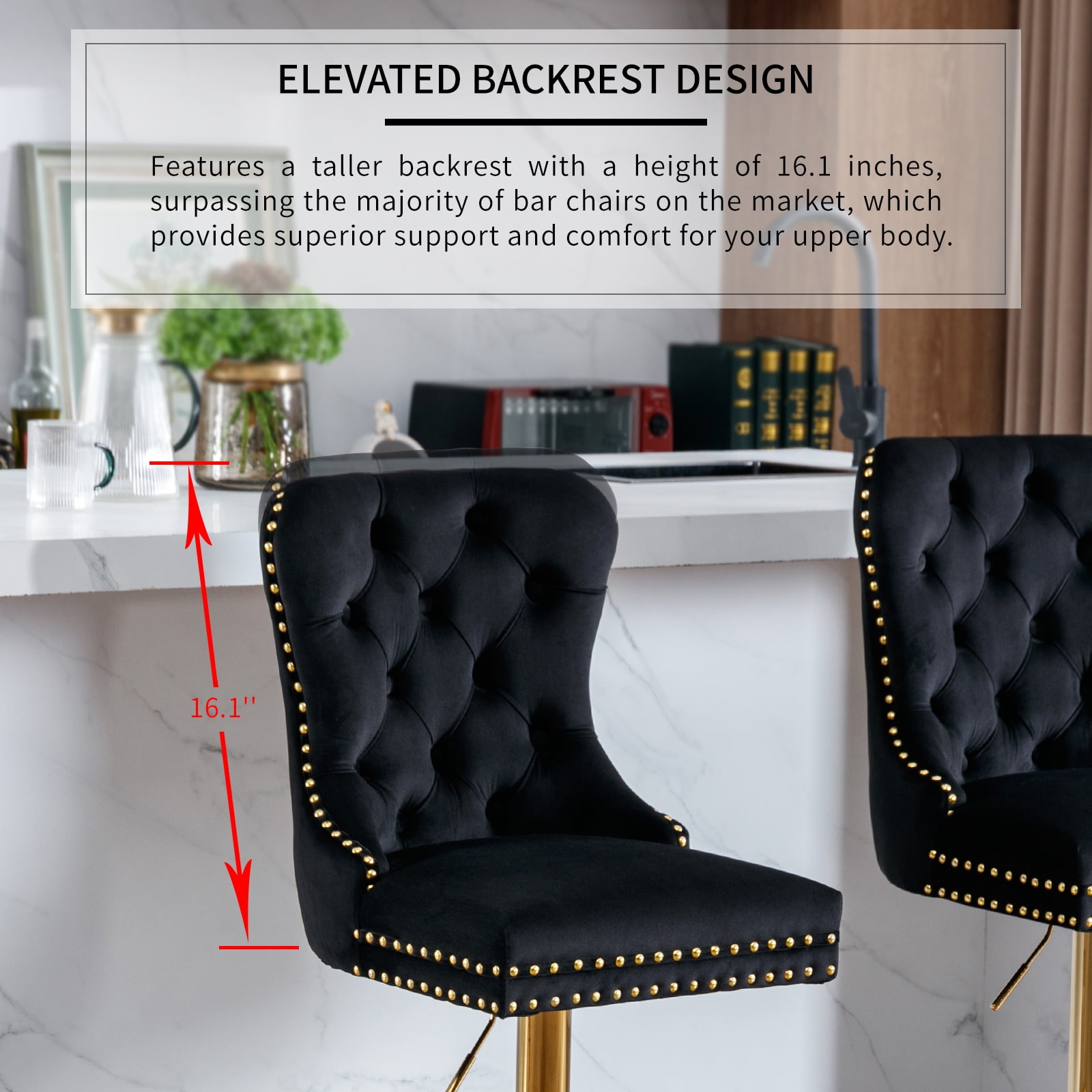Black Velvet Swivel Bar Stools Set of 2 with Upholstered Back, Adjustable Counter Height Barstools, Bar Chairs for Home Bar Kitchen Island Pub Restaurant (2 Pcs, Black)
