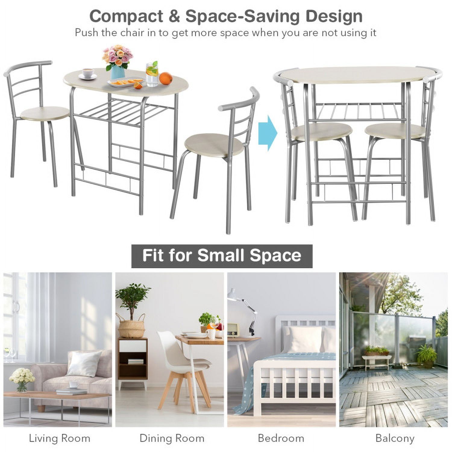 Finihen Dining Set, Dining Table Set, 3-Piece Space-Saving Bistro Set for Kitchen and Apartment, for Home, Restaurant, Light Gray