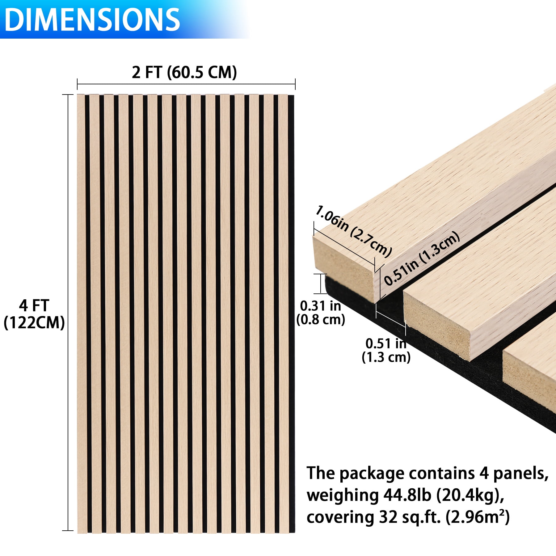 3D Slat Acoustic Wall Panels with Wood Finish Accent, 4 Pack Sound Absorbing Paneling for Studio, Office, Living Room, Bedroom Interior Decor (Natural Walnut, 48''L x 24''W)