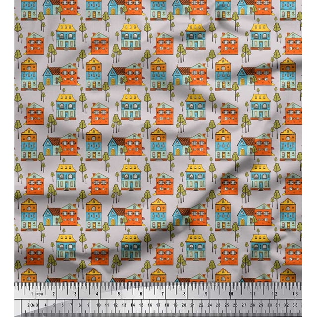 Soimoi Gray polyester Crepe Fabric Tree & House Architectural Print Fabric by the Yard 52 Inch Wide
