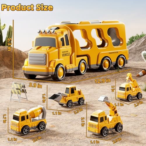 Construction Trucks Toys for 2 3 4 5 Years Old Boys - 5-in-1 Carrier Transport Vehicle Truck for Toddlers 2-4 Years with Crane,Mixer,Pushdozer and Excavator,Car Toys Birthdays Gift