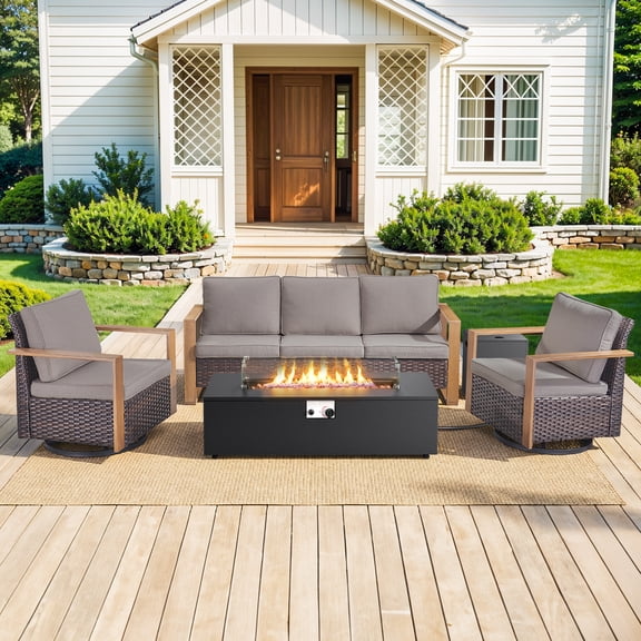 Giantfurnni 4 Pieces Patio Furniture Sets with Fire Pit Table,Swivel Chairs and Sofa,Patio Conversation Sets for Porch Deck Garden Backyard