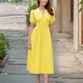 thumbnail image 3 of Efsteb Women's Puff Sleeve Dresses Summer Short Sleeve V Neck Vintage Pleated Elegant Dress High Waisted Wedding Guests Midi Dresses （Yellow，S）, 3 of 5