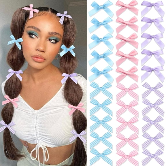 30Pcs Pink Mini Bows for Hair Blue Gingham Silk Satin Hair Bows for Women Cute Ribbon Bows Small Bowknot Hair Barrettes Alligator Clips Accessories for Girls