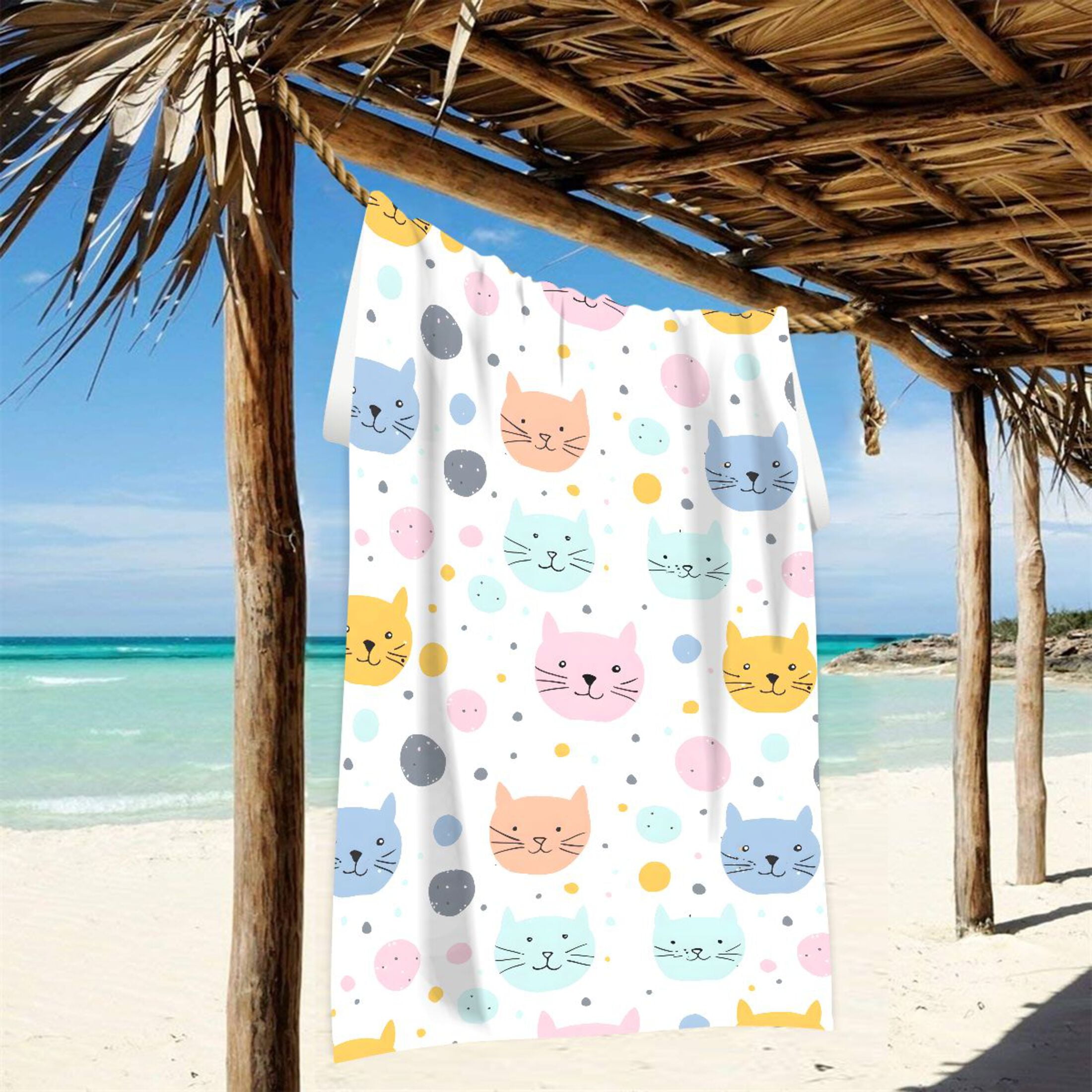 Oversized Beach Towel Extra Large Absorbent Microfiber Bath Towels Soft Quick Drying Hand Paint Cat Face 74"x37"