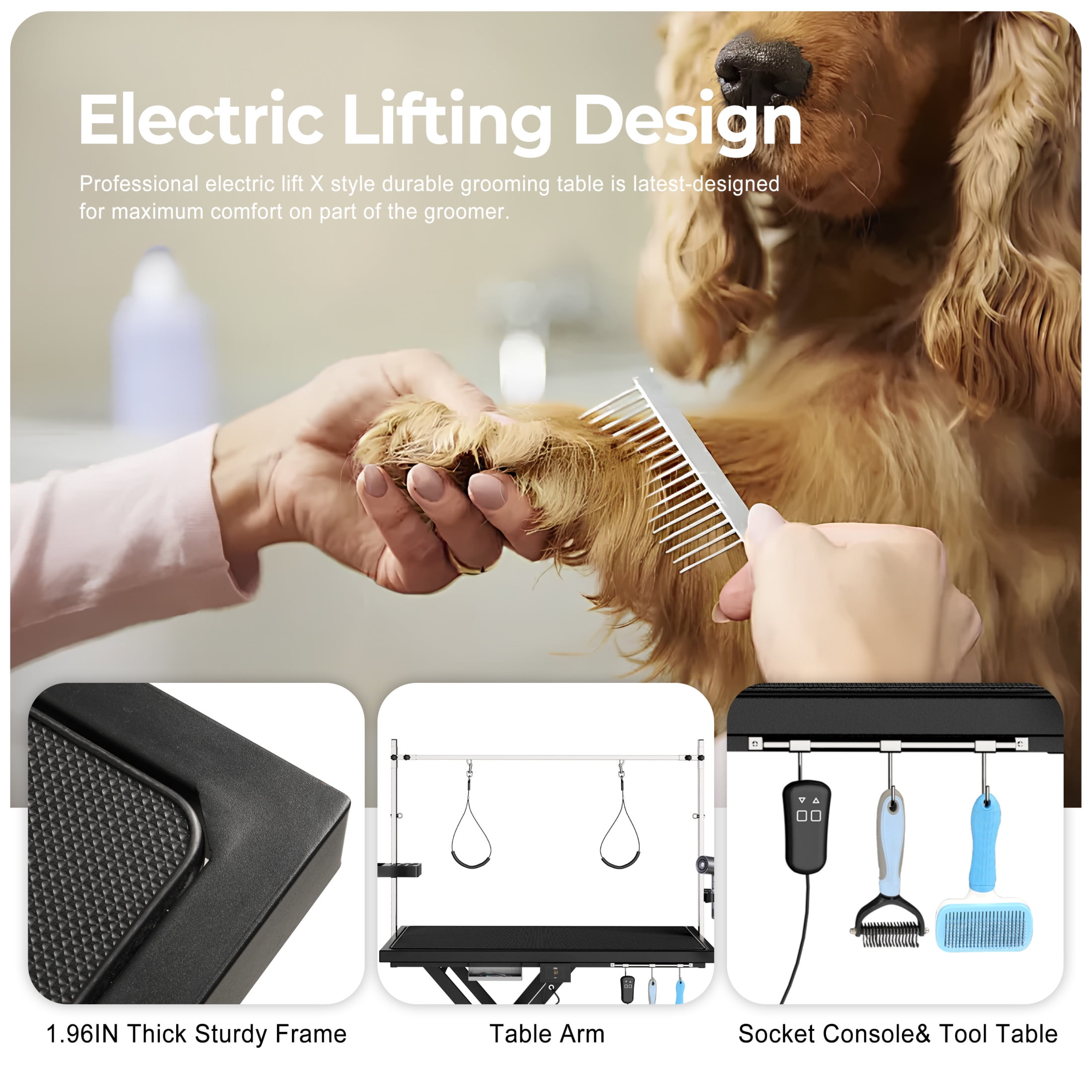 Noble House Professional Electric Pet Grooming Table, Height Adjustable, Heavy Duty Lift Table with Double Arms, Black