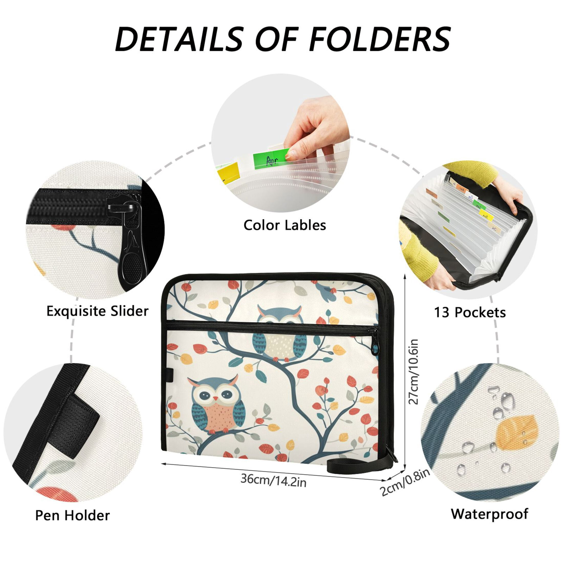 Organ Folder 14.2 x 0.8 x 10.6 Inches 13 Separate Pockets A4 Size Documents Folder A Sort Storage File Manager For The Home Office Colorful Cartoon Owl