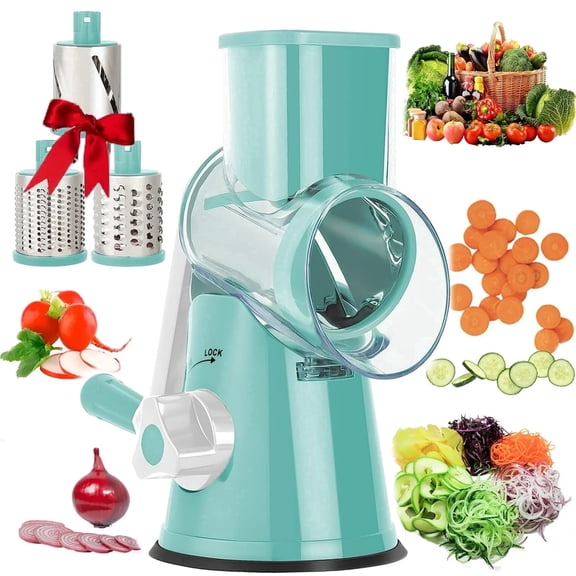 Spalivivre Rotary Cheese Grater,Cheese Shredder with Handle Vegetable,Suction Base,Slicer Grater for Kitchen,3 Changeable Blades for Vegetable Cheese Potato Zucchini Nuts Chocolate,Blue