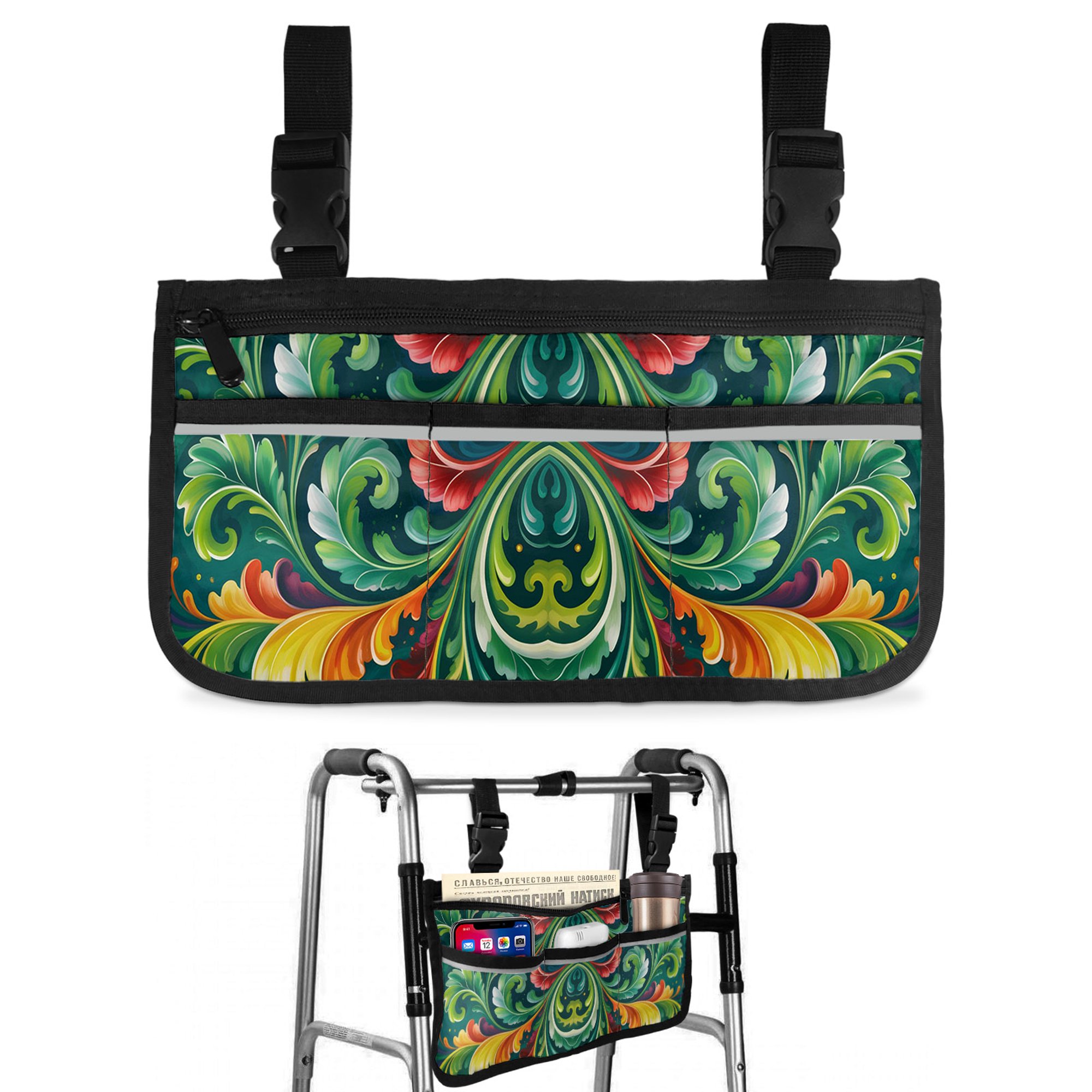Abstract Leaf Wheelchair Side Bag with Cup Holder, Green Yellow Red Leaf Fireflies Summer Plant Wheelchair Armrest Bag Storage Pouch Adults, Seniors for Walkers, Rollator, Scooter