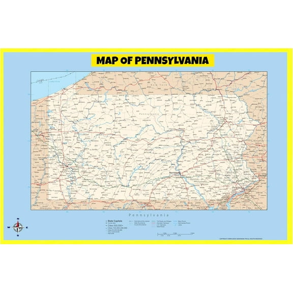 Pennsylvania Map Poster - Laminated Wall Map - Style E - 18x24 - Ideal for Classrooms and Homes – Features Bright Colors and Vivid Imagery