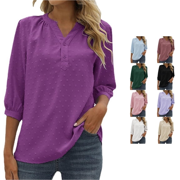 HCYSFG Womens Textured Polo Shirts Notch Neck 3/4 Sleeve Solid Color Relaxed Fit Casual Golf Shirt Wear Everyday Tops