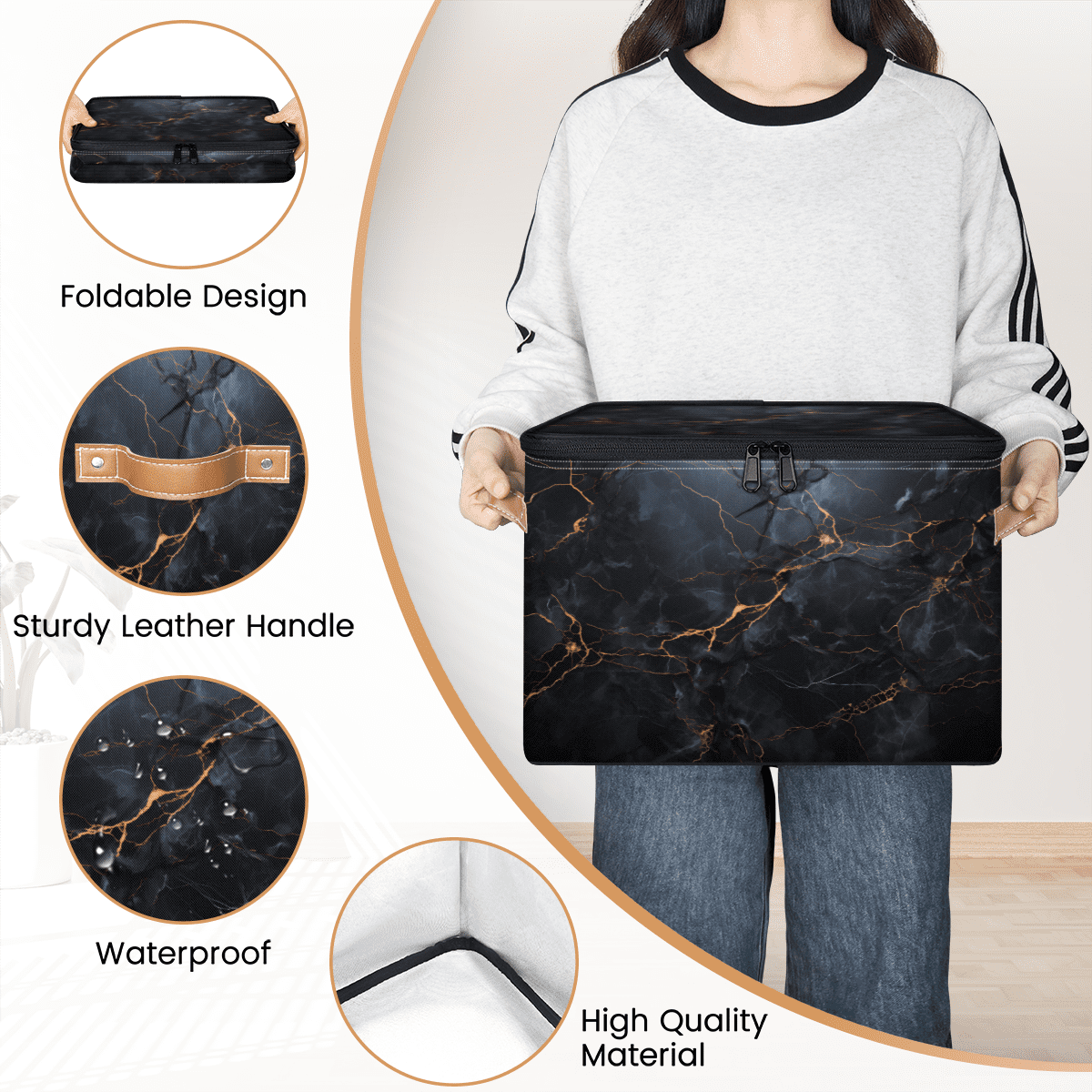 ADECORIVY Marble Black Storage Bin with Zipper Lid, Fabric Storage Baskets Boxes with Handles, Decorative Clothes Organizer Containers for Shelves, Wardrobe, Closet