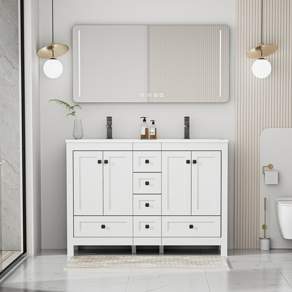 Eclife 48" Freestanding Bathroom Vanity Set with Resin Double Sink Top, PU Paint, Water Saving Faucet, White