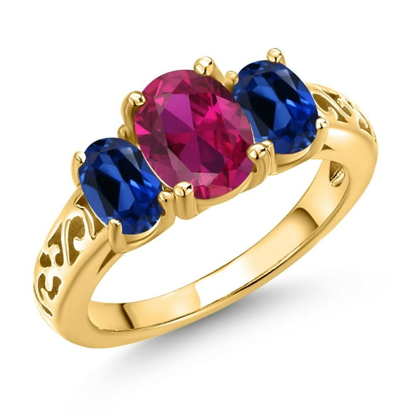 Gem Stone King 18K Yellow Gold Plated Silver Red Created Ruby and Blue Created Sapphire Filigree Style 3 Stone Ring for Women (2.55 Cttw, Oval 8X6MM and 6X4MM) (Size 5)