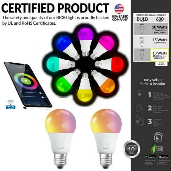 Smart WiFi Alexa Light Bulb, Led RGB Color Changing Bulbs, Compatible with Alexa, Google Home (No Hub Required), E26 A19 10 Watt (60W Equivalent) Multicolor (2 Pack)
