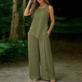 thumbnail image 6 of 2 Piece Women's Casual Linen Blend 2 Piece Outfit - Sleeveless Crew Neck Top with Decorative Side Buttons & High Waist Wide Leg Pants with Pockets, Solid Color Army Green XL, 6 of 6